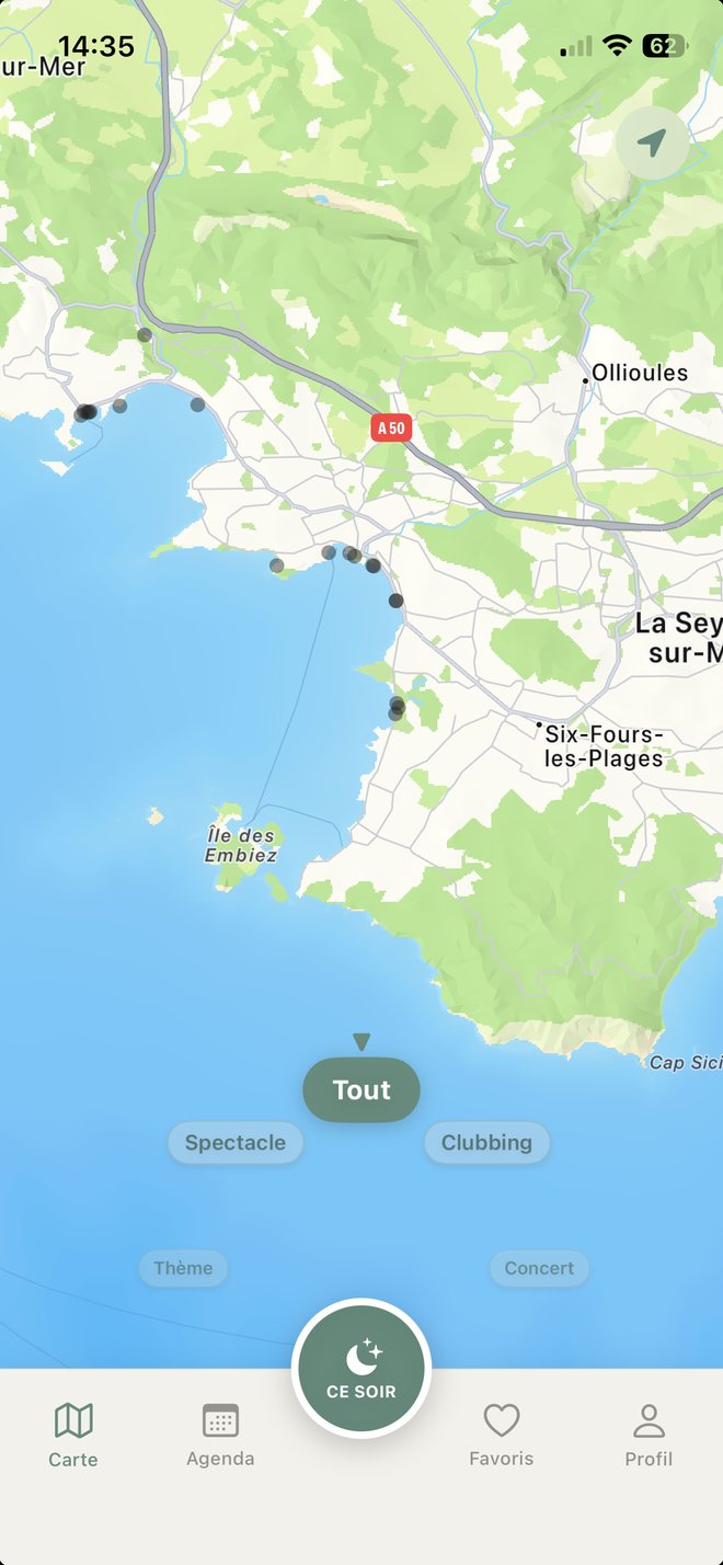Carte Nuito avec les soirées de la côte varoise et le bouton Ce soir